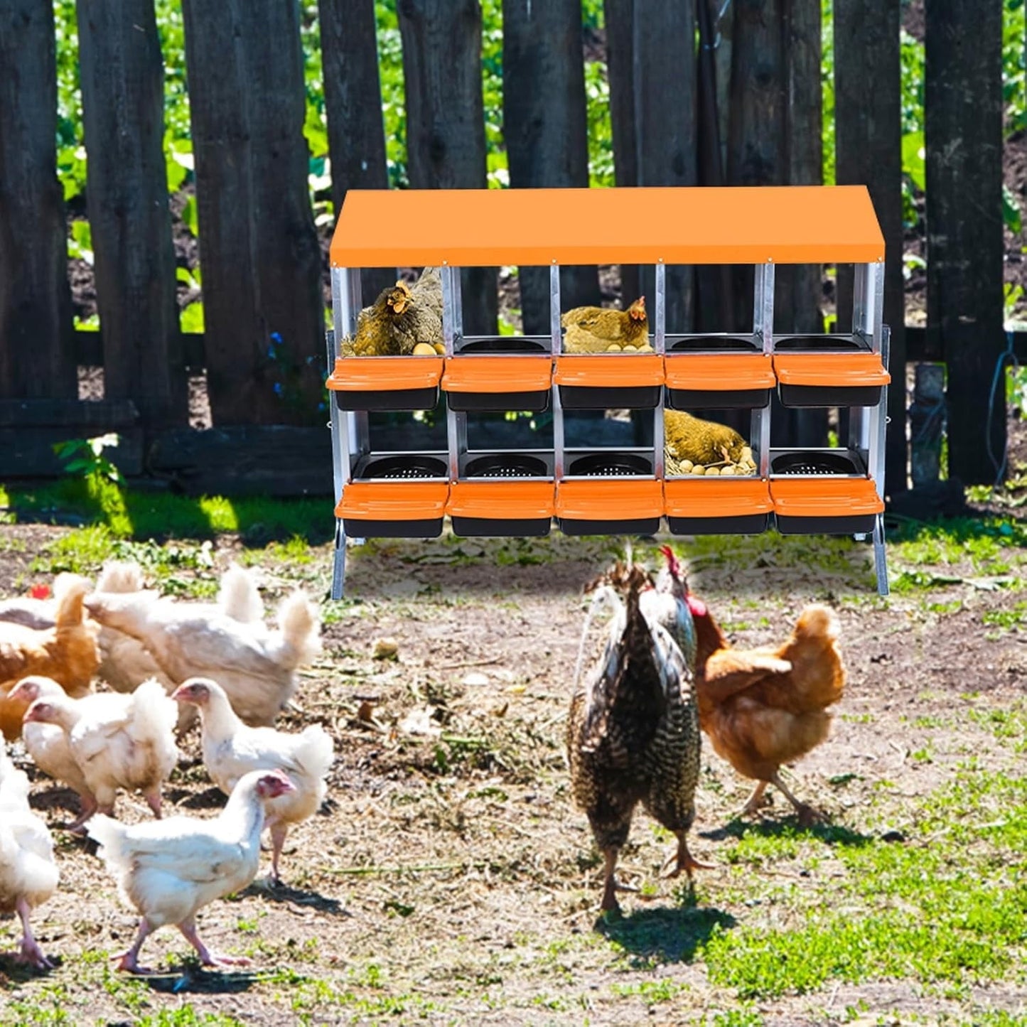 Pinypikaka Chicken Nesting Box with Bracket Legs, 10 Compartments Nesting Boxes for Chickens, Chicken Laying Boxes, Roll Away Nesting Box for Chickens Laying Egg with Lid Cover