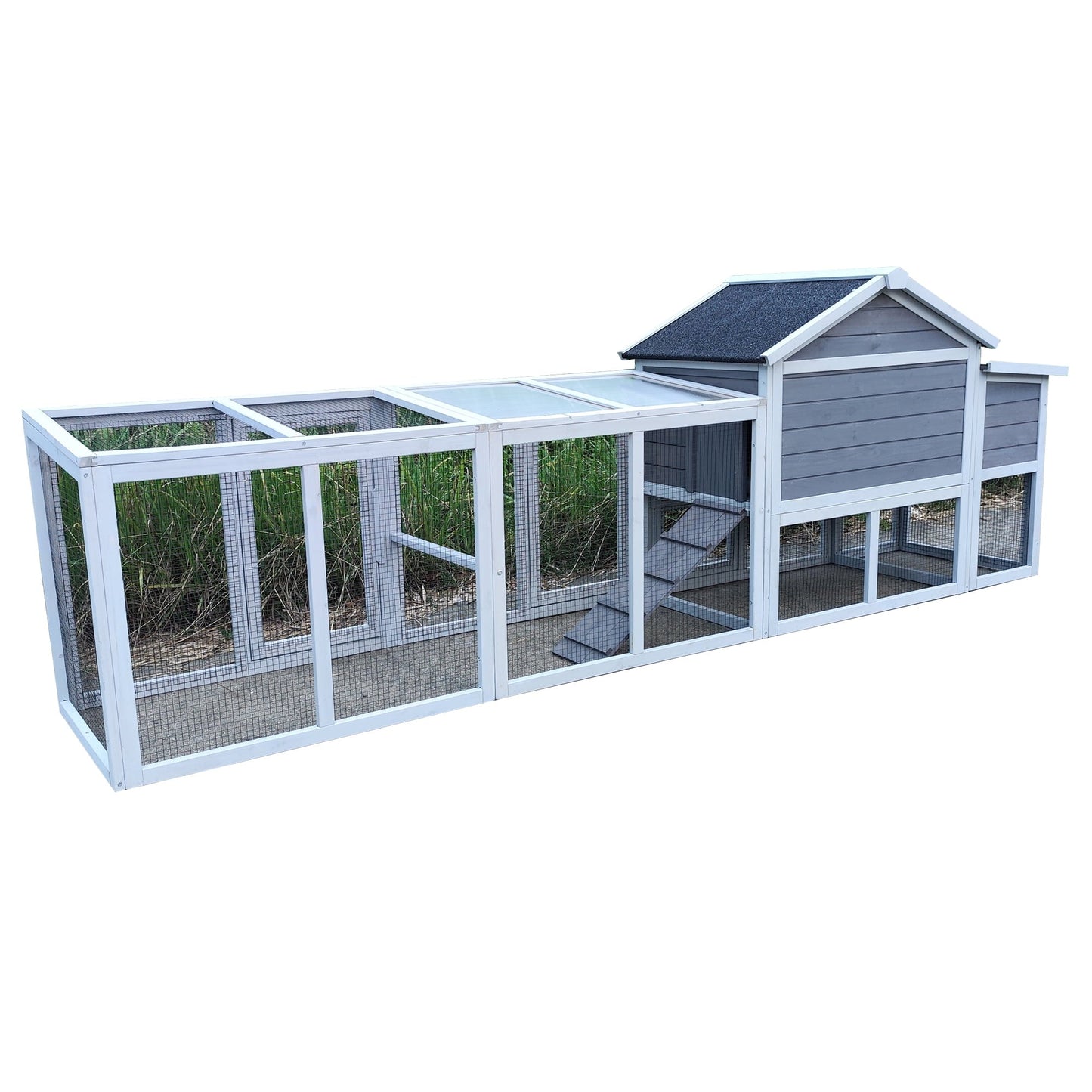 Zephypaws 112" Large Wooden Chicken Coop with Nesting Box, Outdoor Chicken Run Cage, Waterproof Hen House for Backyard, Gray
