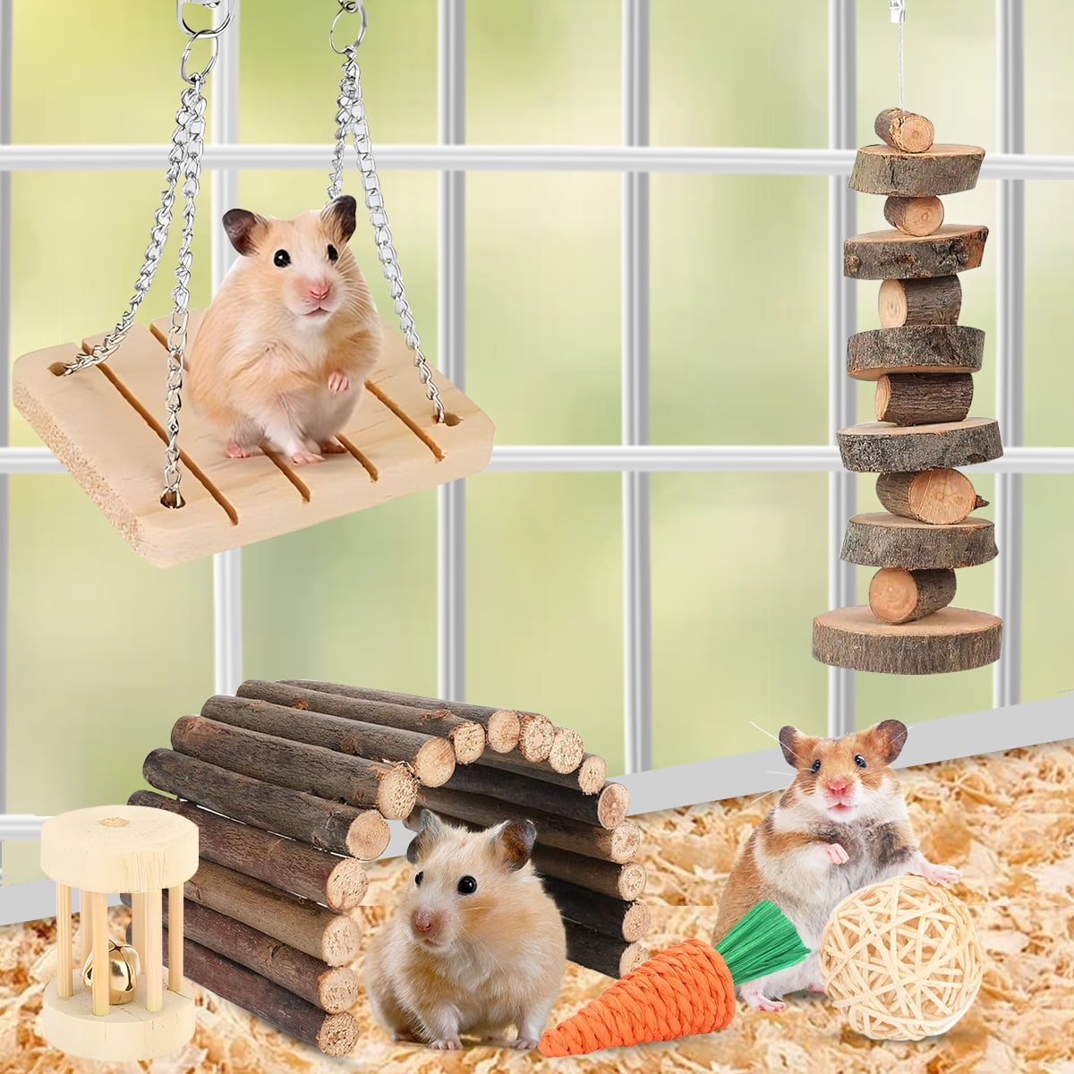 Hamster Chew Toys Rabbit Toys Guinea Pig Chew Toys Set ,Hamster Molar Toys Teeth Toy ,Swing Seesaw Bridge for Chinchillas Bunnies (wood 58pcs)