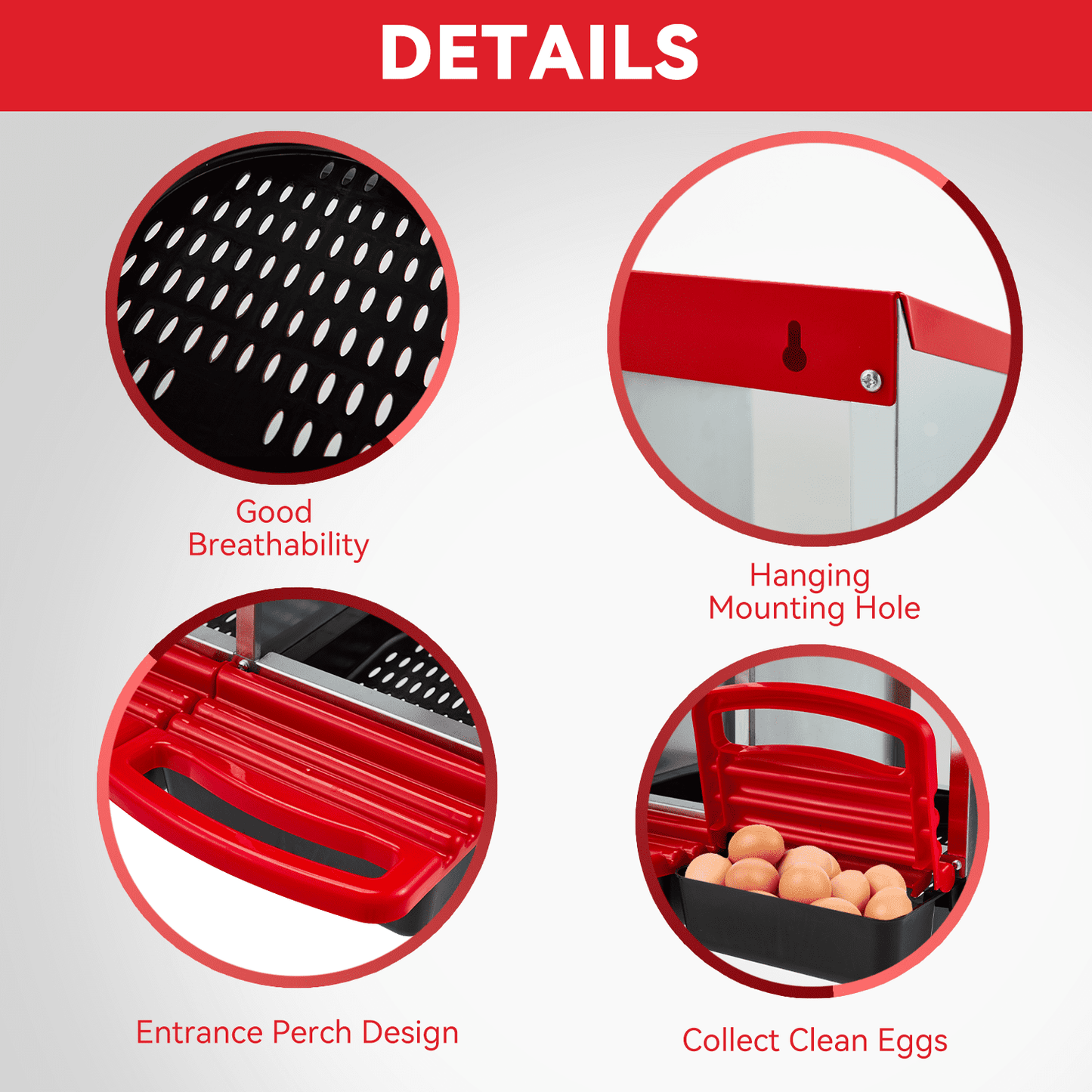 EROMMY Chicken Nesting Box, 4 Compartment Metal Chicken Laying Box, Chicken Brooder Box with Egg Collection for Chicken Coop, Wall Mount or Free Standing, Red