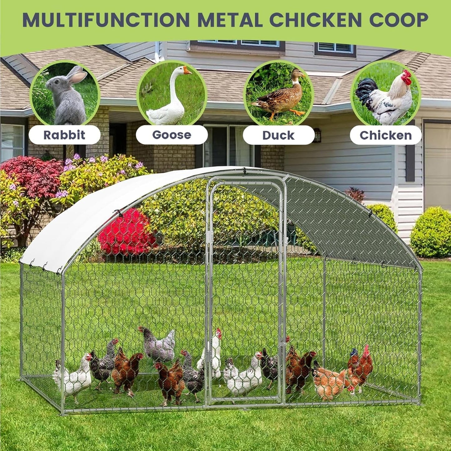 Large Metal Chicken Coop, Doom Roof Large Chicken Run for Yard, Walk-in Poultry Cage with Waterproof and Anti-UV Cover, Chicken Pen for Outdoor Backyard Farm
