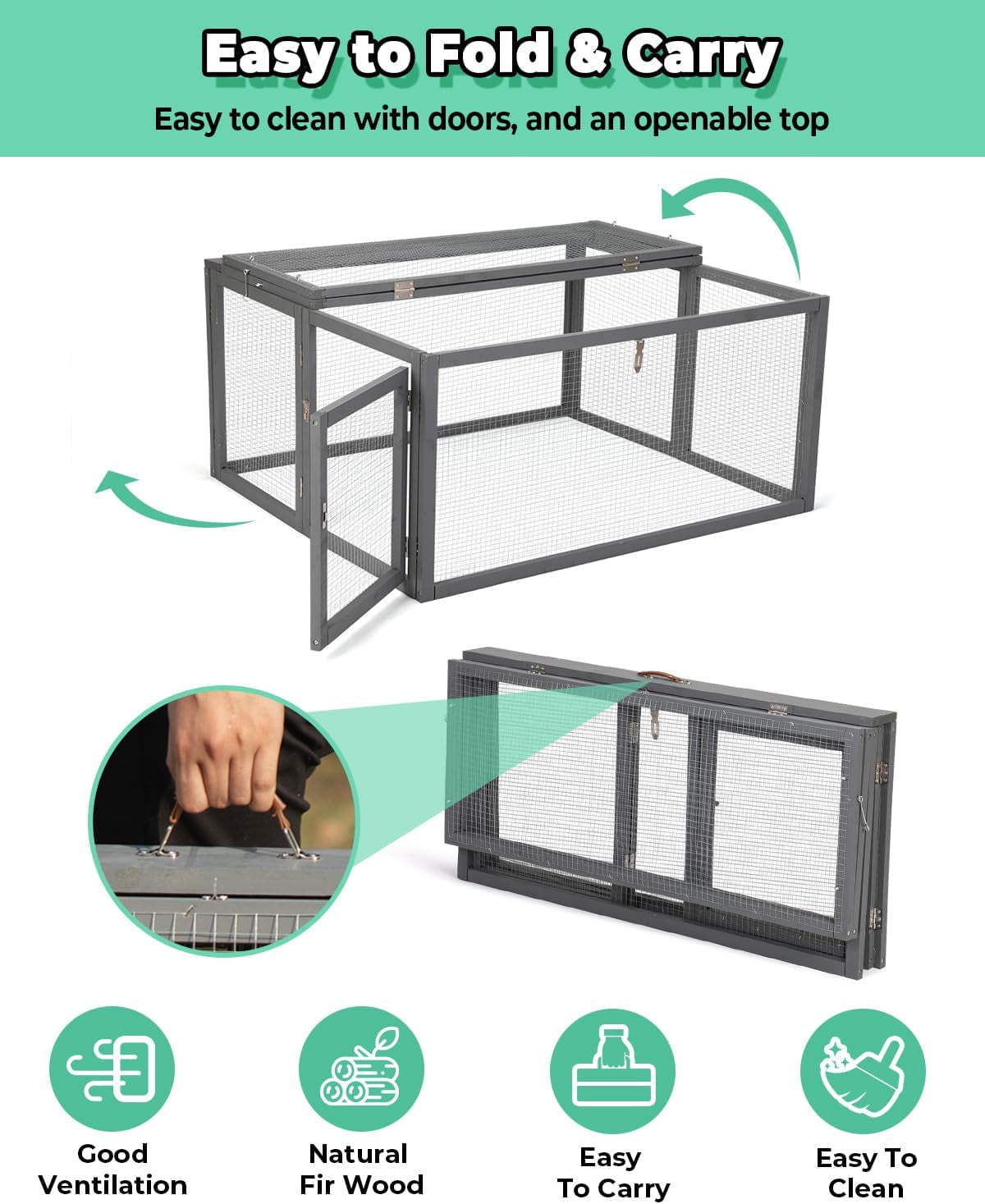 PRZL Chicken Coop Run Rabbit Hutch, Portable Chicken Cage Pens with Top & Side Opening Doors, Folding Wooden Chicken Coop, Outdoor Indoor Small Animal Playpen, Chicken Brooder Box, 45.3Inch (Grey)