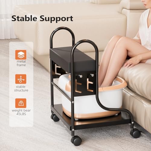 Pedicure Cart Foot Bath Trolley, Salon Nail Esthetician Trolley Cart, 3 Adjustable Height PU Cushion, Portable trolley for Foot Rest Manicure Massage, Beauty Spa Supplies, Black