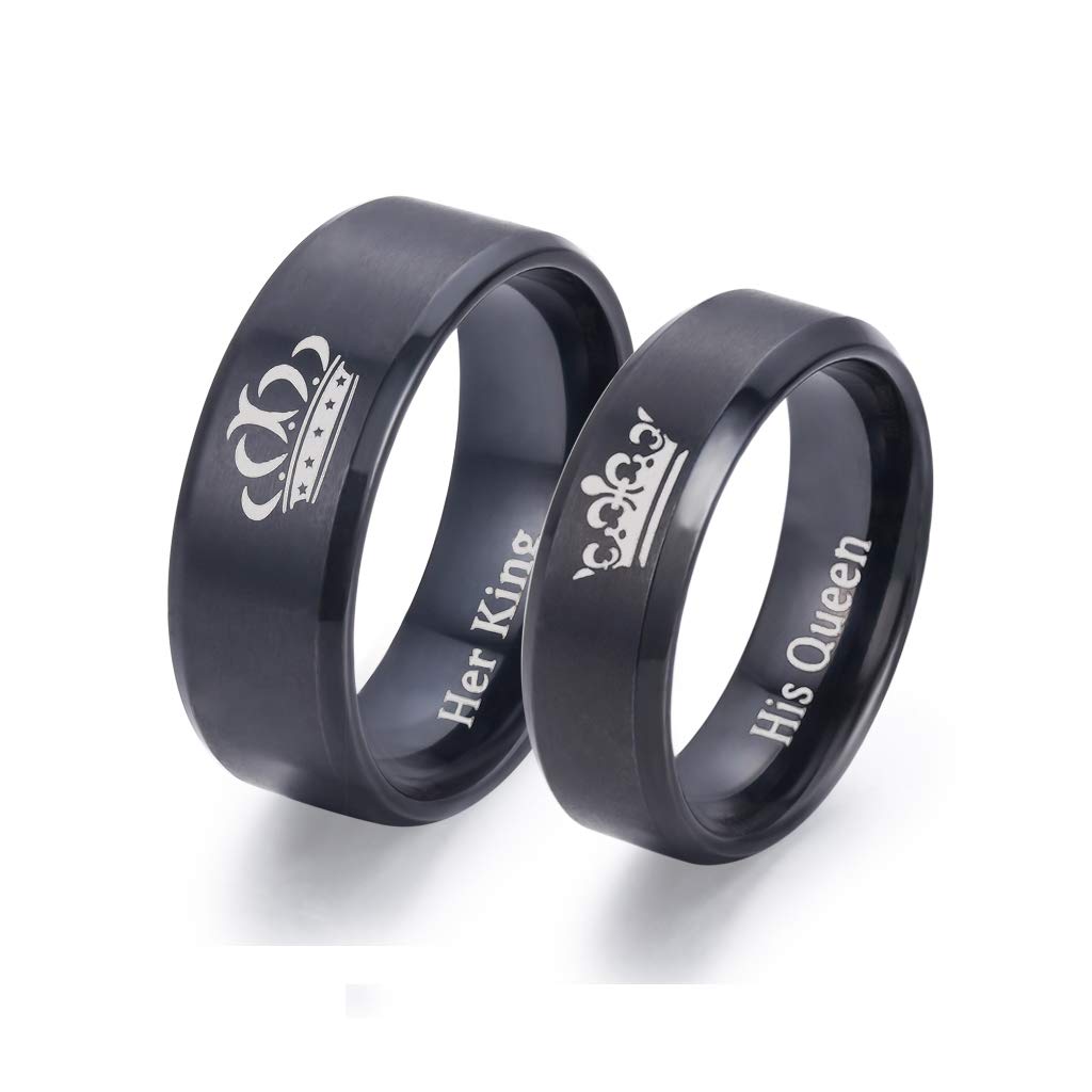 LAVUMO King and Queen Rings for Couples - 2pcs His Hers Stainless Steel Matching Ring Sets for Him and Her - Promise Engagement Wedding Band Black Comfort Fit (Men 10 & Women 9)