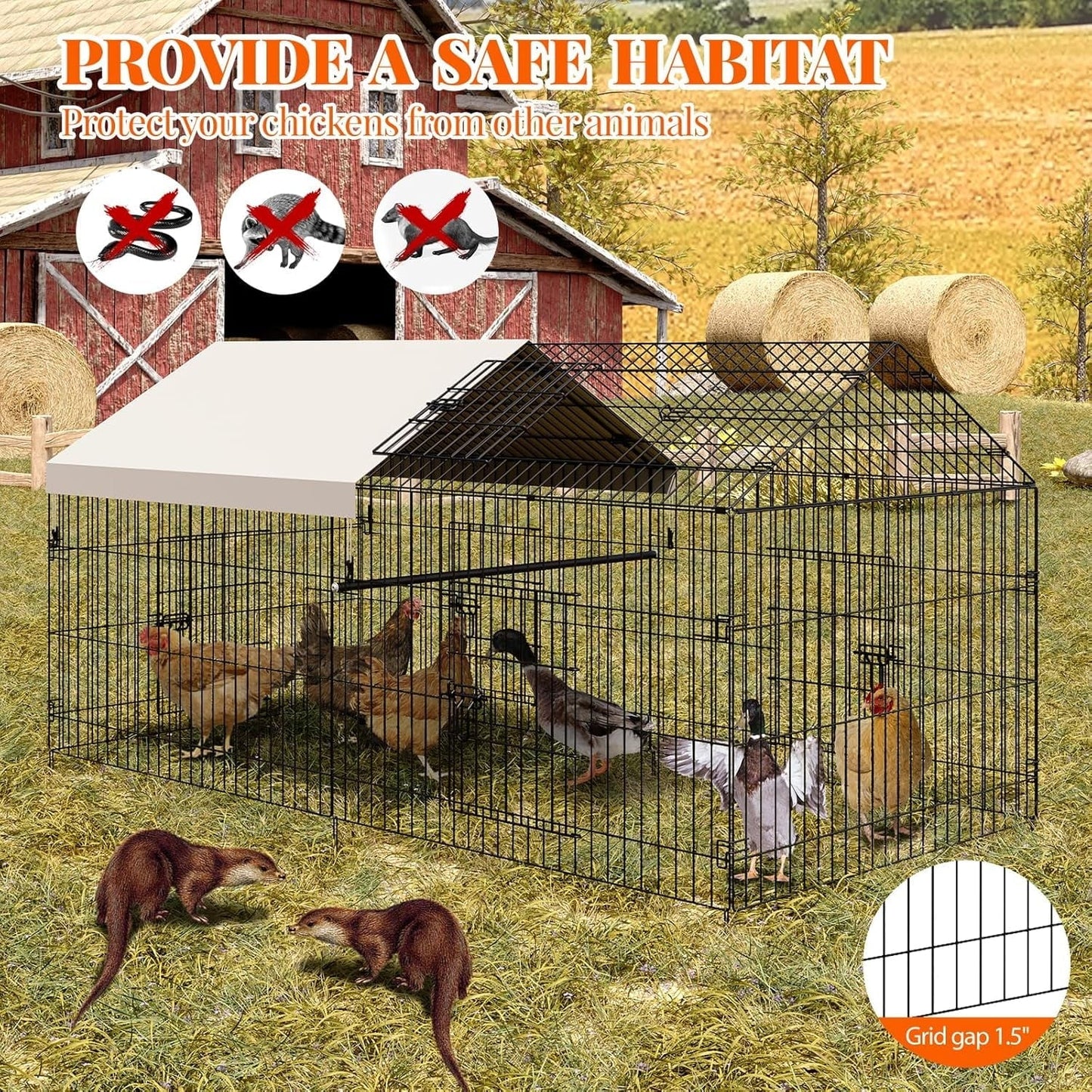 M optimized Metal Chicken Coop, Chicken Run Pen for Yard with Cover, Outdoor Metal Portable Chicken Cage with 4 Door and 1 Window for Outside Duck Rabbit Hen, 86"x40"x40"