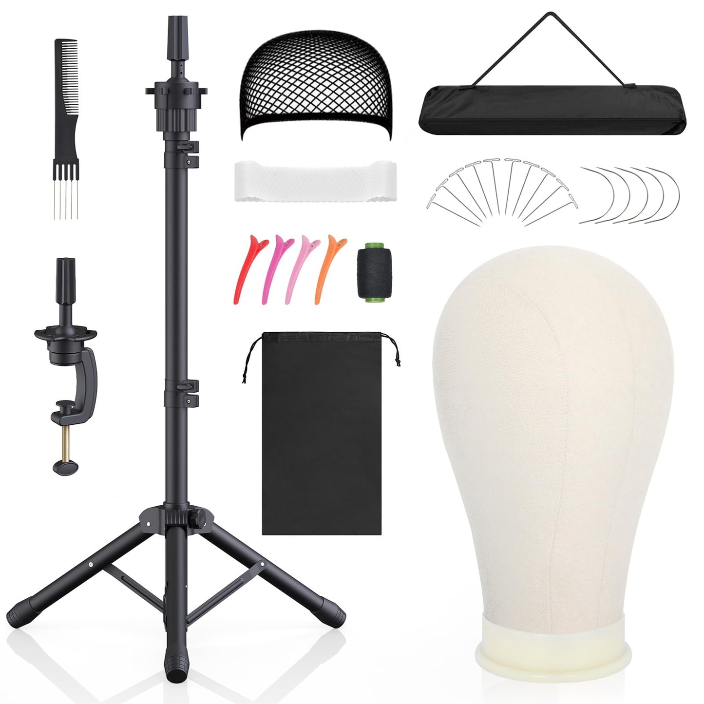 Hemndic Wig Stand with Head, Height Adjustable Wig Stand, Wig Head Stand with Mannequin Head with Extra Wig head Clamp Stand, Black