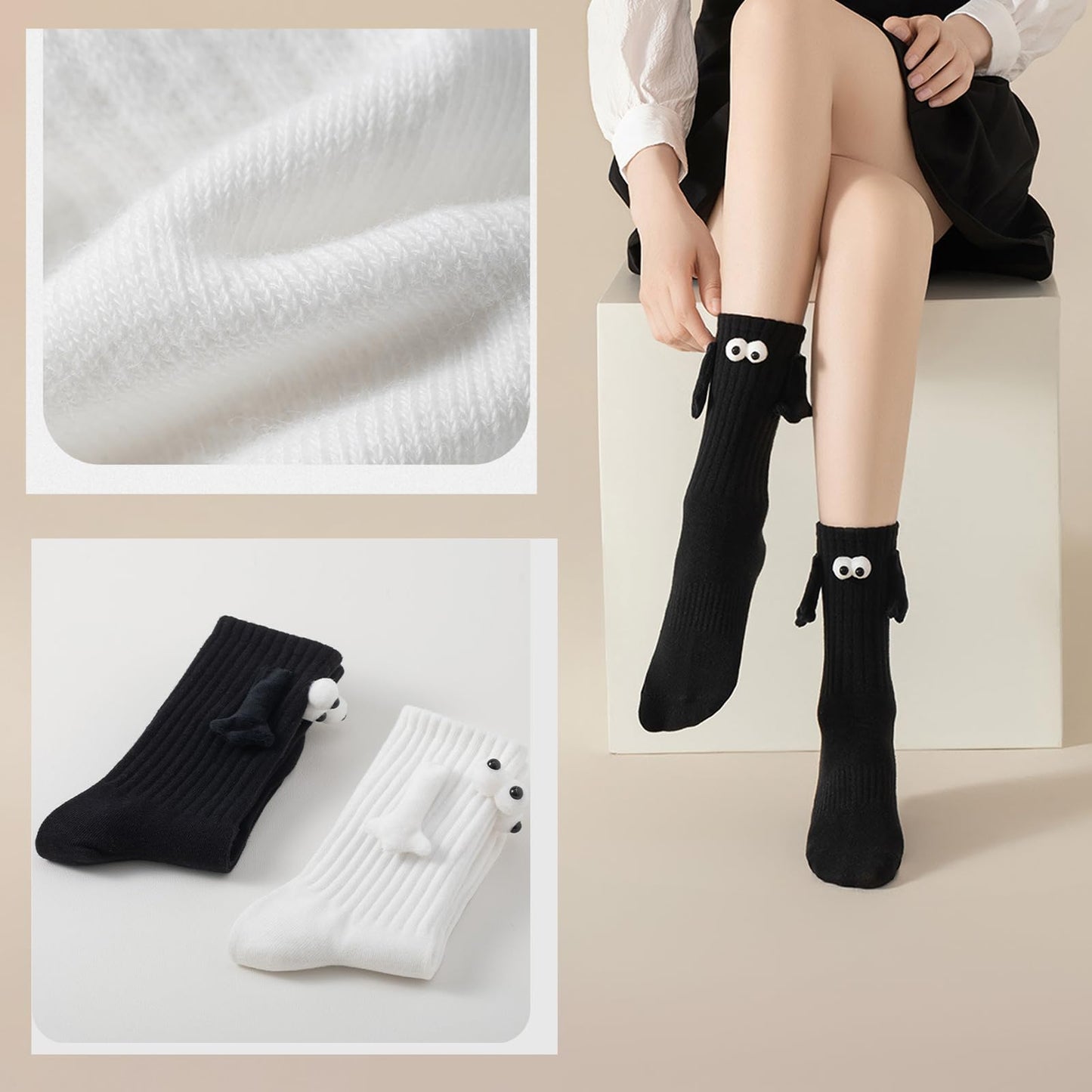 Smilelife 2 Pairs Magnetic Holding Hands Socks I Love You Gift Christmas Valentines Anniversary for Him Her Couple Teens Friends (White)