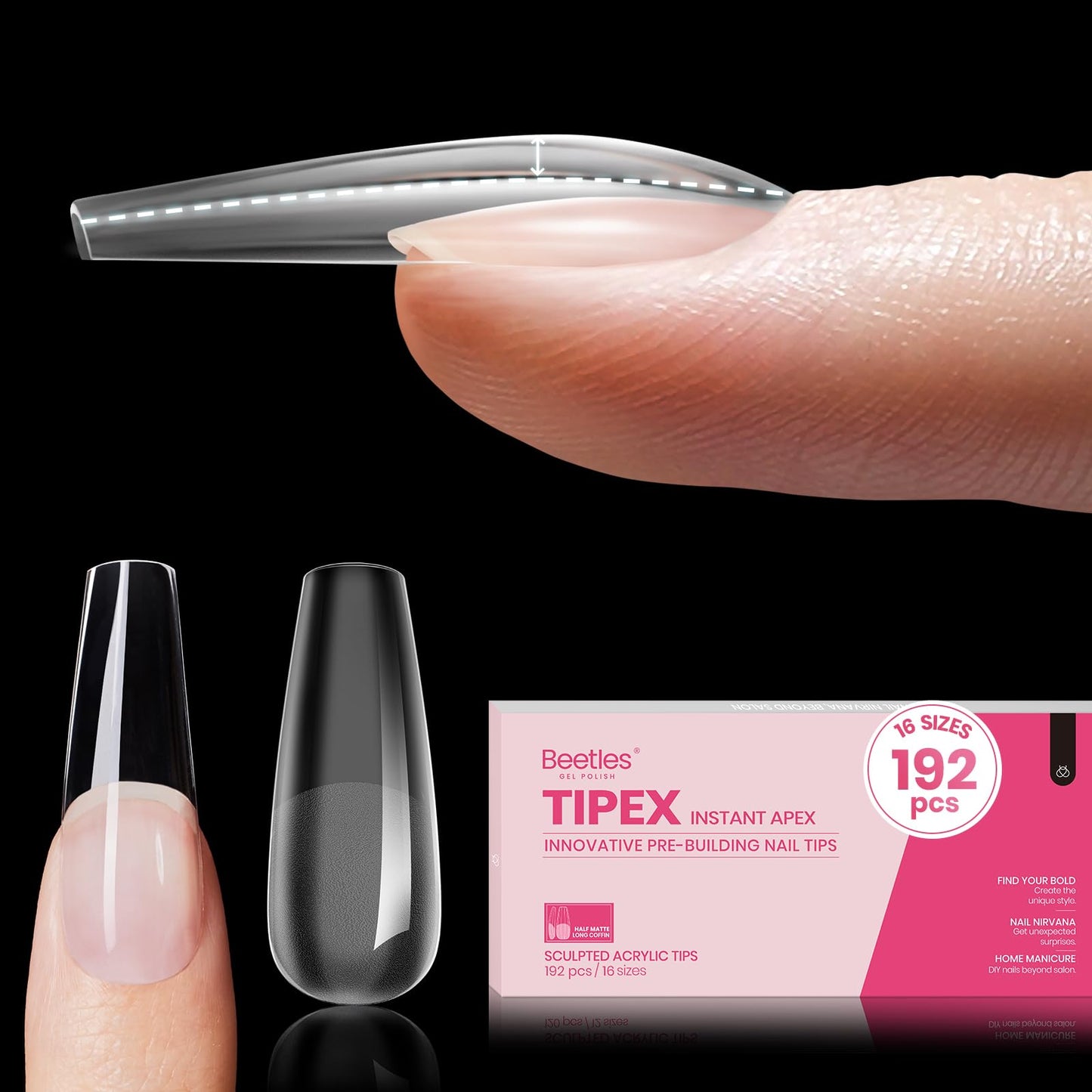 Beetles Tipex Instant Apex Nail Tips,192Pcs Pre-building Pre-Etched Gel Nail Tips Long Coffin Thicker Acrylic Nails Strong Full Cover False Nail Extension Building Gel Press-on Nails for Flat Nails