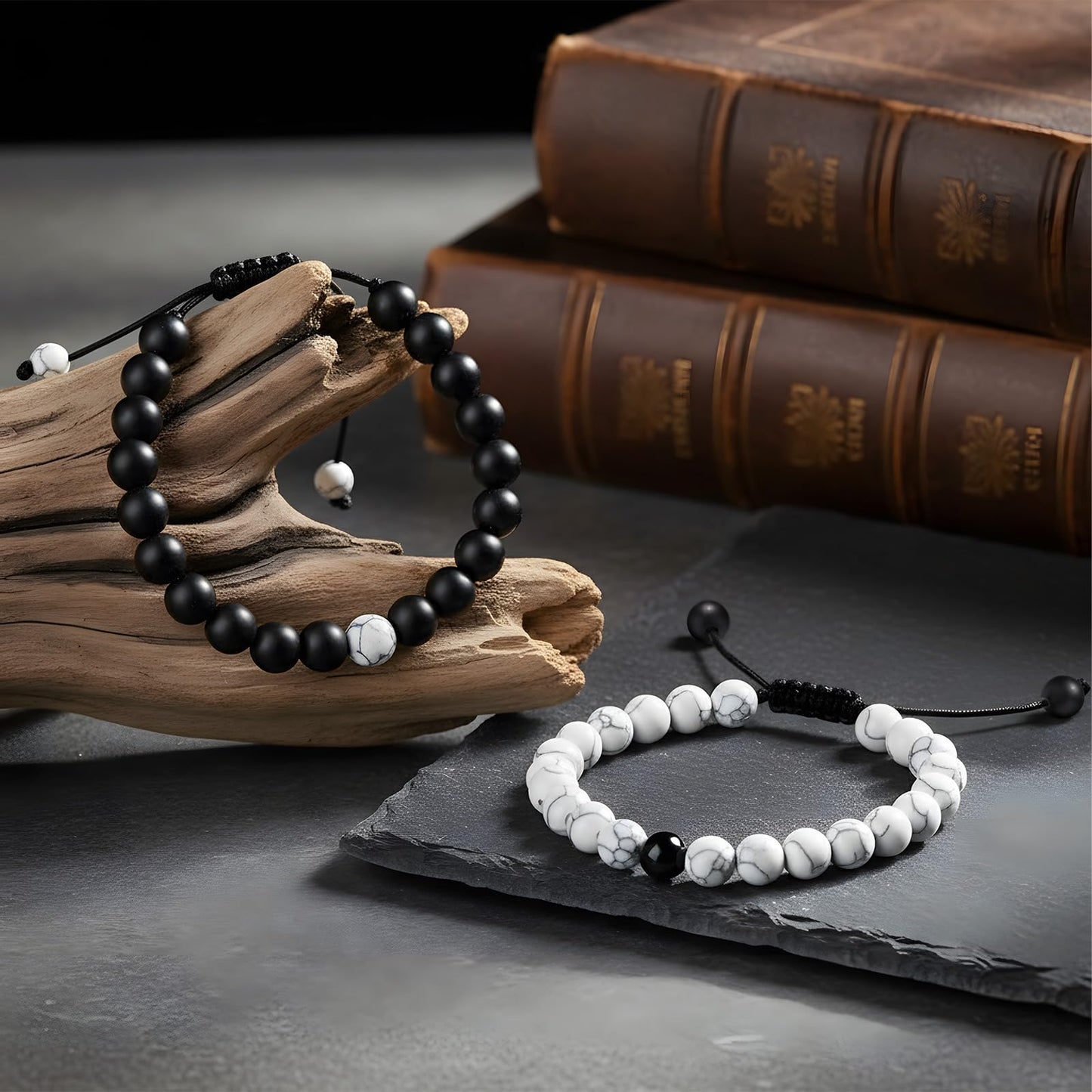 BBTO Couples Bracelets Long Distance Matching Bracelets 8mm Howlite Beads Black Matte Agate for Couples His and Her Gifts(Classic Style)