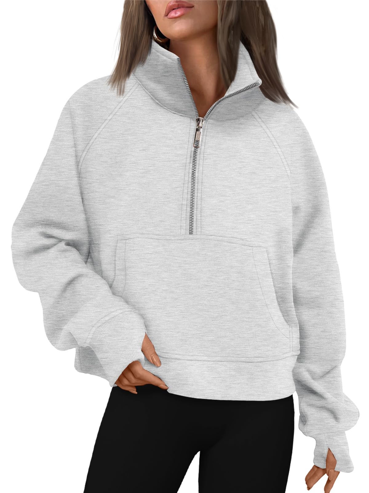 AUTOMET Womens Sweatshirts Long Sleeve Tops Hoodies Shirts Half Zip Pullover Cropped Oversized 2024 Fall Fashion Outfits Sweaters XS Grey