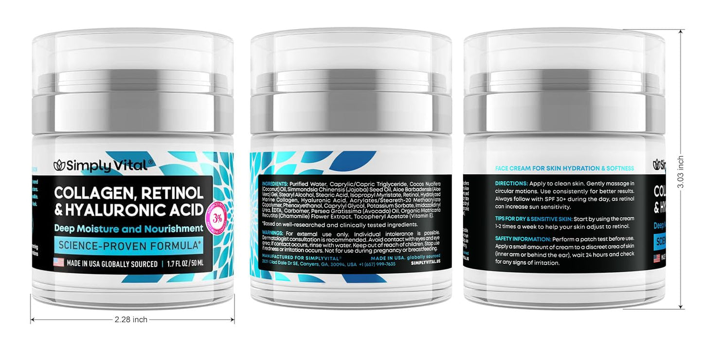 Collagen Face Moisturizer | Anti-Aging Retinol Cream with Hyaluronic Acid | 2-Pack