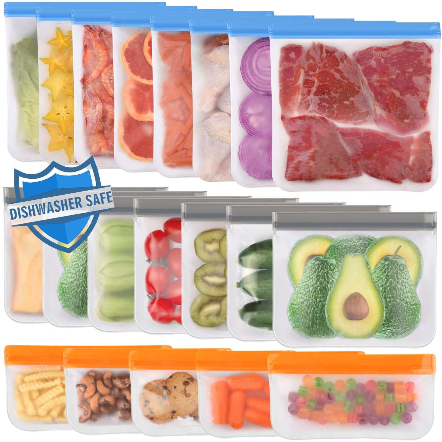 Lerine 10 Pack Dishwasher Safe Reusable Bags, Leakproof Reusable Freezer Bags, BPA Free Food Storage Bags for Marinate Food Travel - 3 Gallon 4 Sandwich 3 Snack