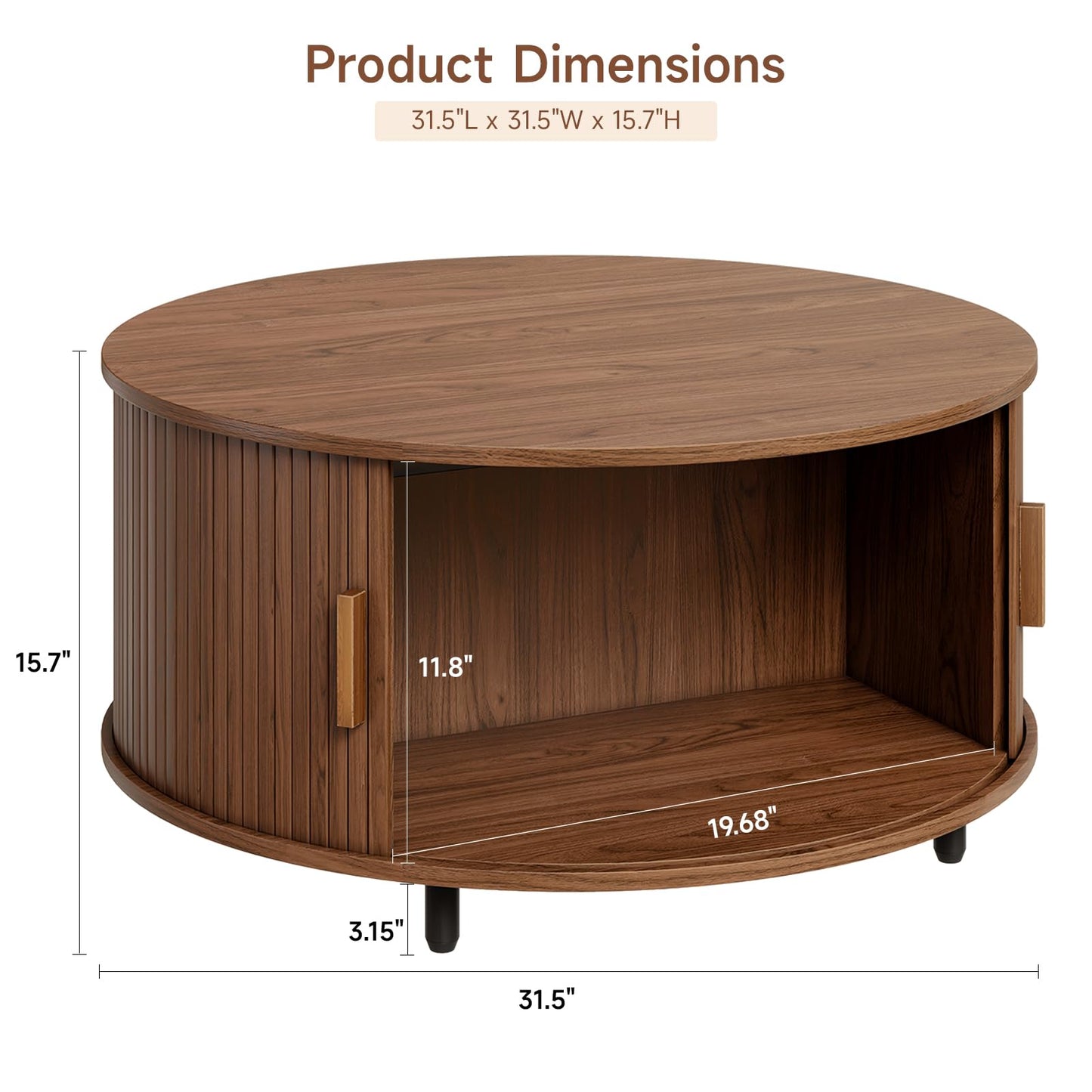 ONBRILL Round Coffee Table with Storage, 31.5" Modern Coffee Table with 360° Curved Sliding Door, Fluted Wood Accent Coffee Table with Adjustable Footpads, Round Center Table for Living Room, Walnut