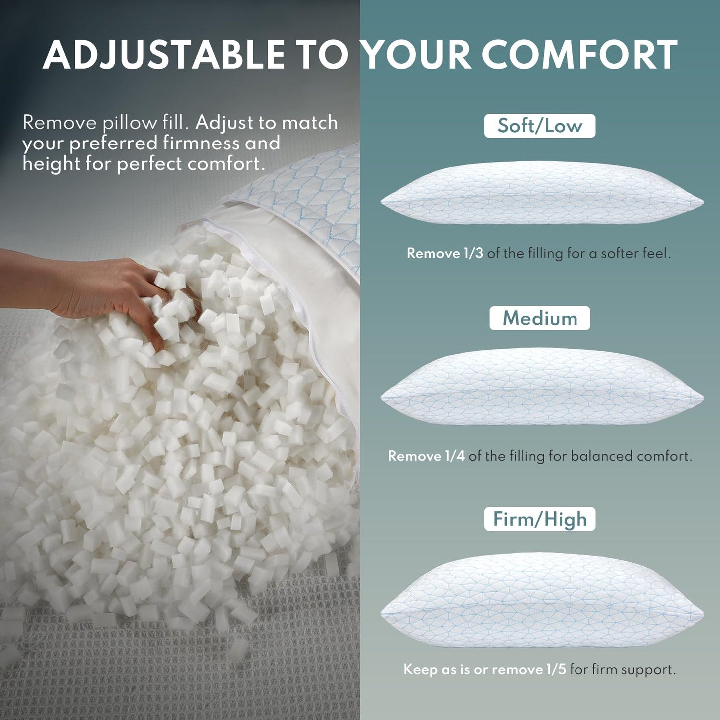 COZSINOOR Cooling Pillows Queen Size Set of 2 for Sleeping - Adjustable Shredded Memory Foam Pillows 2 Pack, Cool Bed Pillows for Back, Side and Stomach Sleepers, Gel Pillow Removable Cover Washable