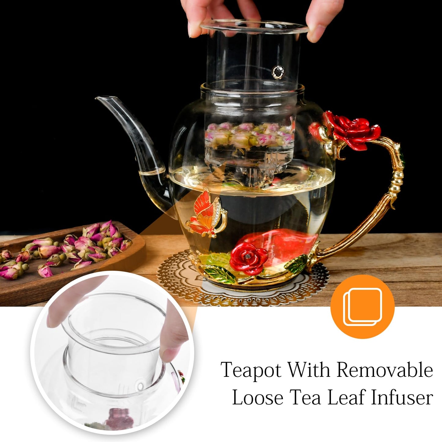 Enamel Glass Flower Tea Pot With Removable Loose Tea Leaf Infuser Tea Maker Teapot Set 30.4OZ Gifts for Women,Mom,Birthday