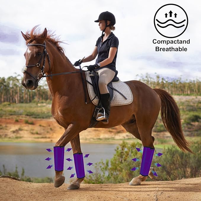 FOXLVDA Horse Fly Boots - Fly Boots for Horses Set of 8, Comfortable Horse Leggings, Mesh Material Design with Metal Support Bars for Reduces Stomping & Leg Fatigue (Blue-Purple, Large)