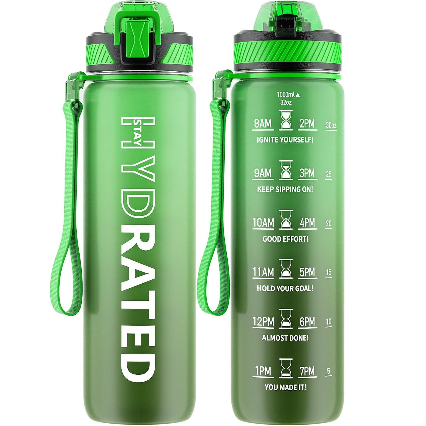 QLUR Water Bottle with Straw, 32 oz Motivational Water Bottles with Time Marker to Drink, Tritan BPA Free, 1L Sports Water Bottle with Carry Strap LeakProof for Women Gym Fitness Outdoor (1 Pack)