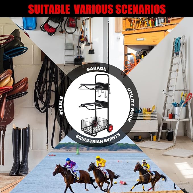 Rolling Saddle Cart with Wheel, Heavy Duty Saddle Rack Dolly Horse Equipment Cart Foldable Horse Tack for Storage Moving Organize Transport Supplies(Removable Rack)