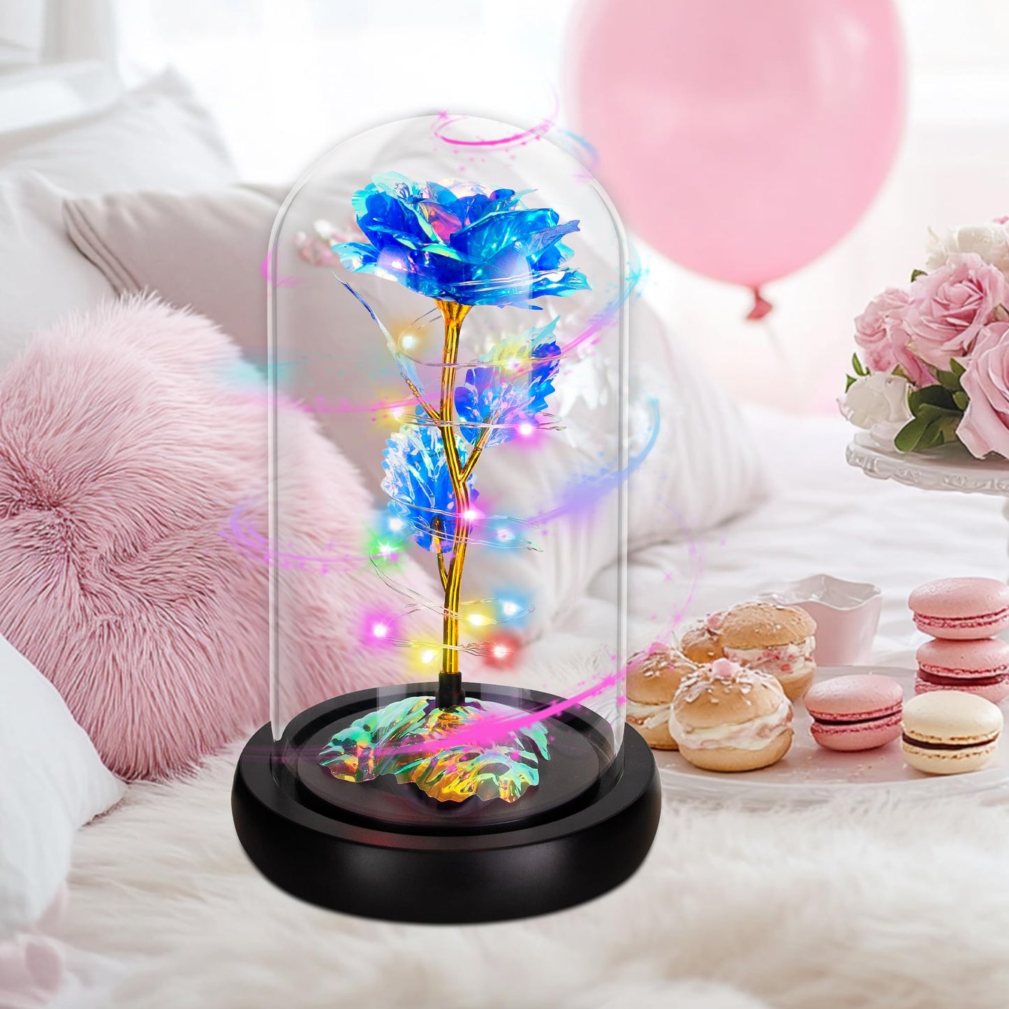 Childom Valentines Day Rose Gifts for Her,Birthday Gifts for Women Mom Mothers Day,Flowers for Delivery Prime,Rotating Blue Light Up Rose in A Glass Dome,Anniversary Valentines Rose Gift for Wife