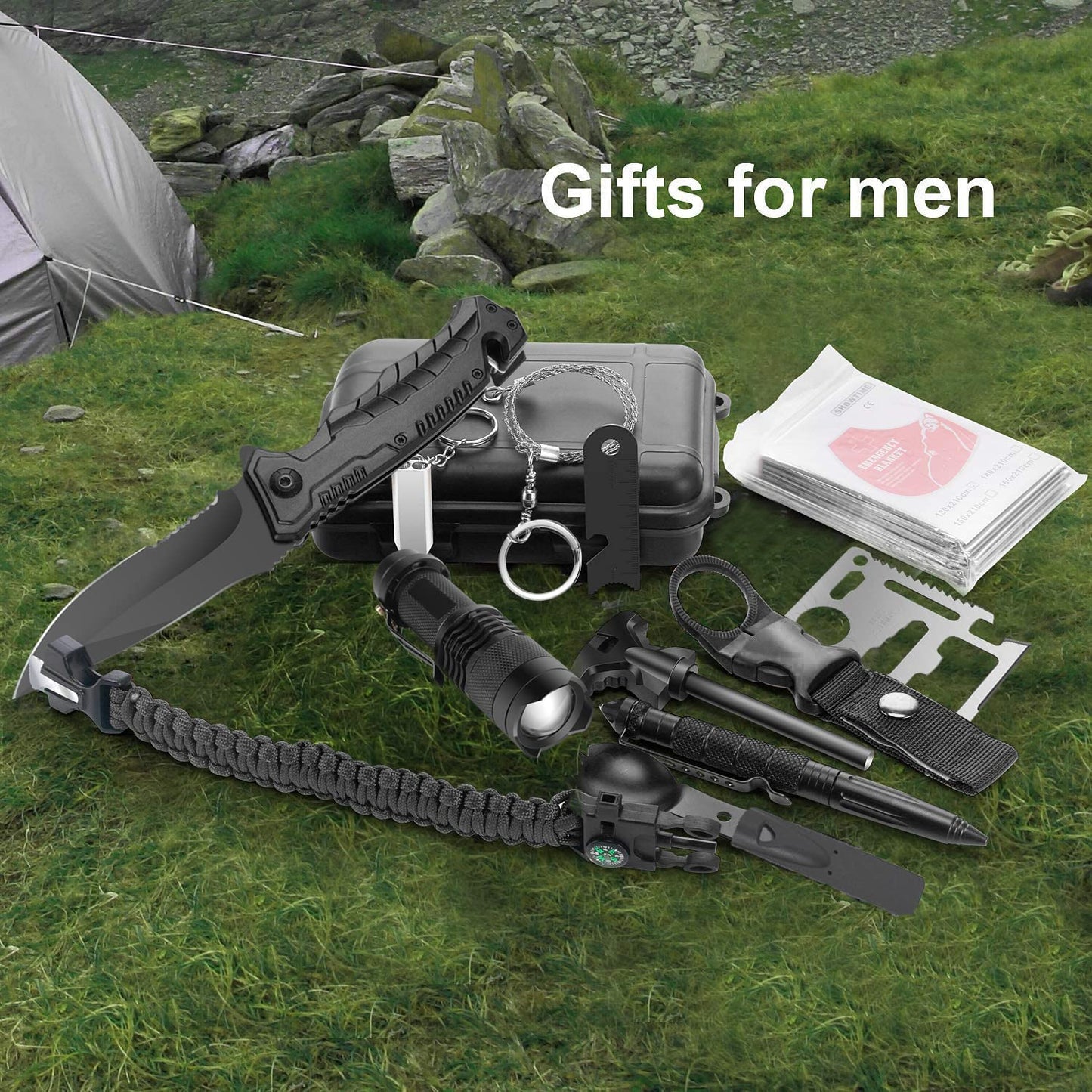 Gearedt Survival Kit, 16 in 1 Professional Survival Gear Tool Emergency Tactical First Aid Equipment Supplies Kits Gifts Idear for Men Him Women Families Hiking Camping Fishing Adventures