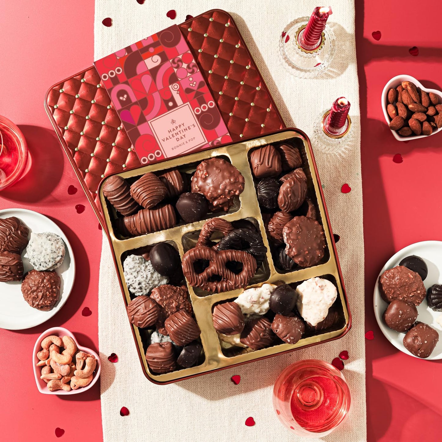 Valentines Day Chocolate Gift Basket, Food Gifts Arrangement Platter, Gourmet Snack Box, For Her, Wife, Spouse, Girlfriend, Romatic, Lover, Mom- Bonnie & Pop