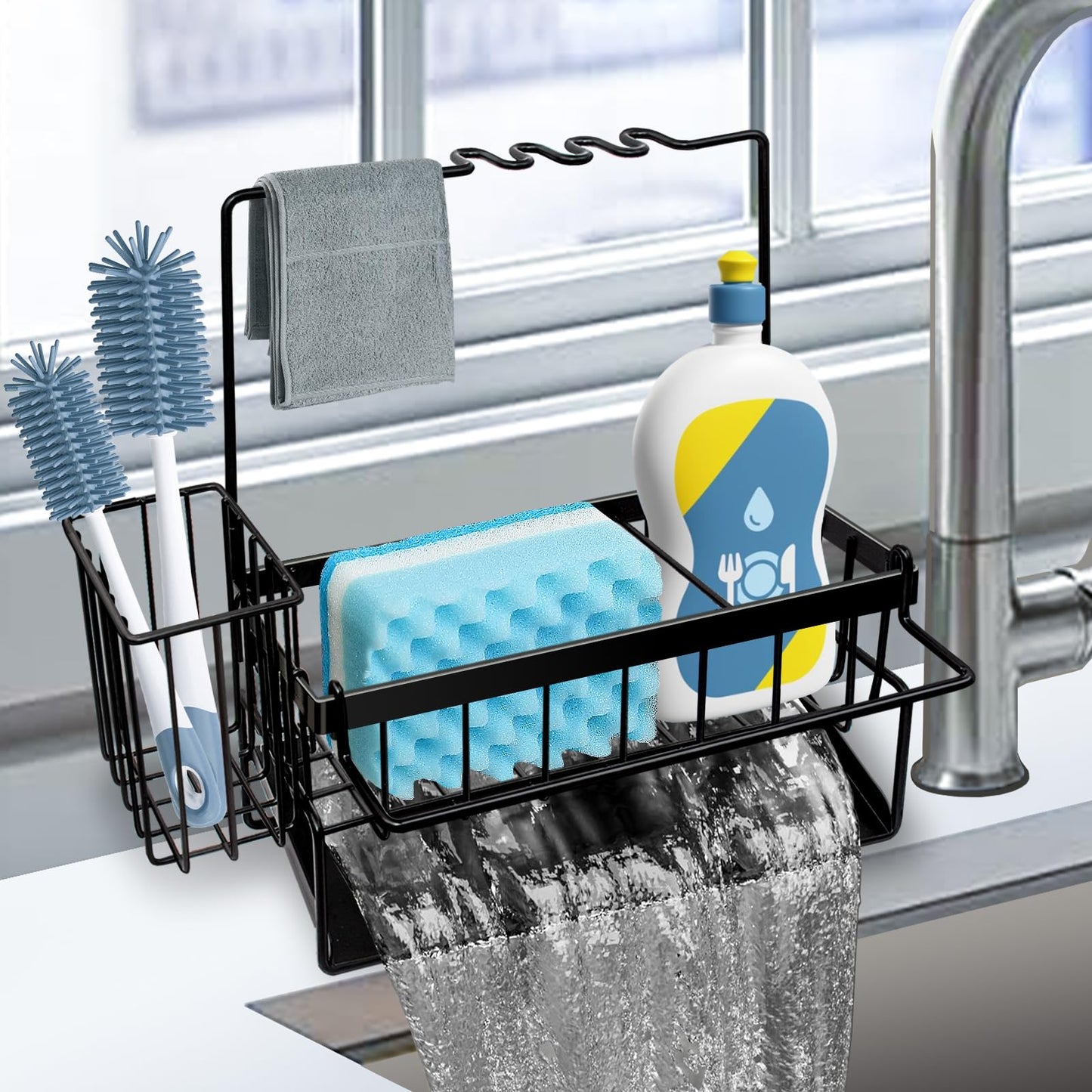 Yazoni Sponge Holder for Kitchen Sink, Rustproof Kitchen Sink Organizer Countertop Holder with High Brush Holder, Multifunctional Soap Dispenser Kitchen Organizers and Storage Essentials