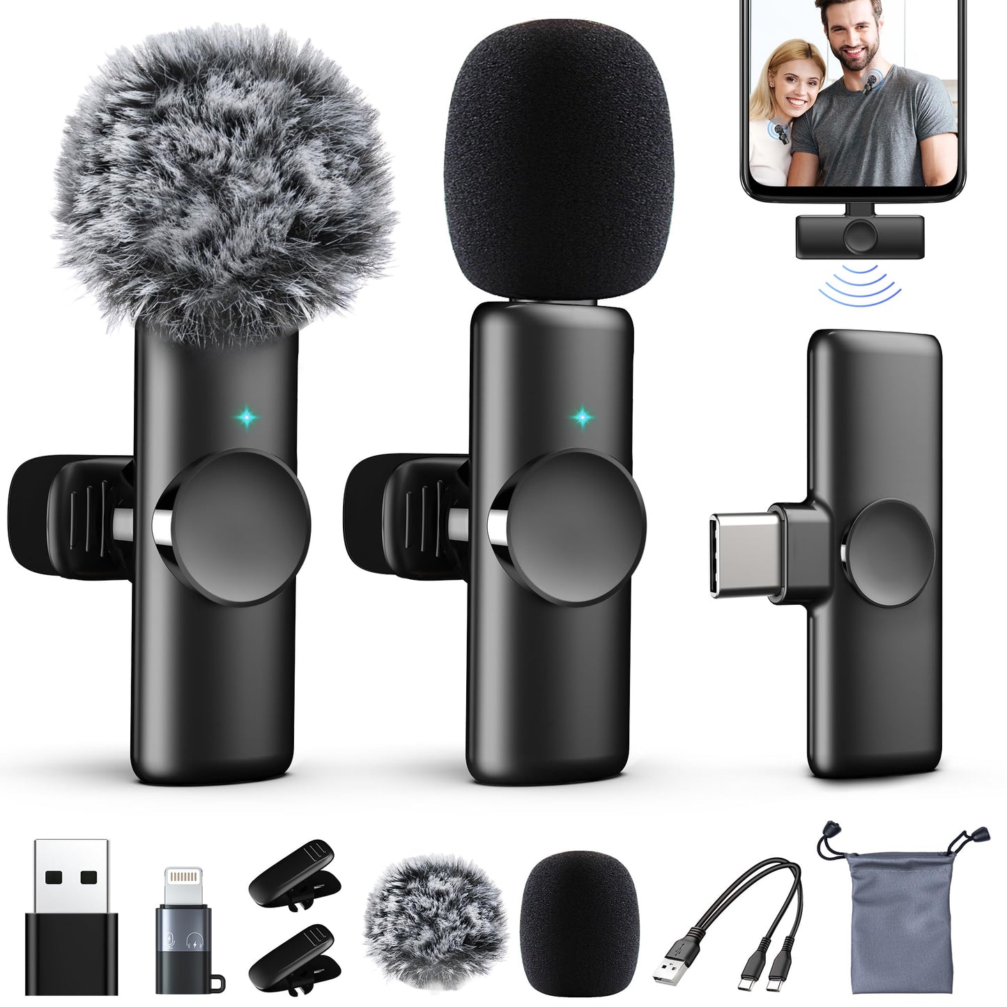 CHRIMEFLAME 2 Packs Wireless Lavalier Microphone for iPhone 15/iPad/Android/Phone/PC/Laptop, Plug-Play Mini Mic with Noise Reduction, Lapel USB C Microphone for Video Recording, Interview, Vlogging