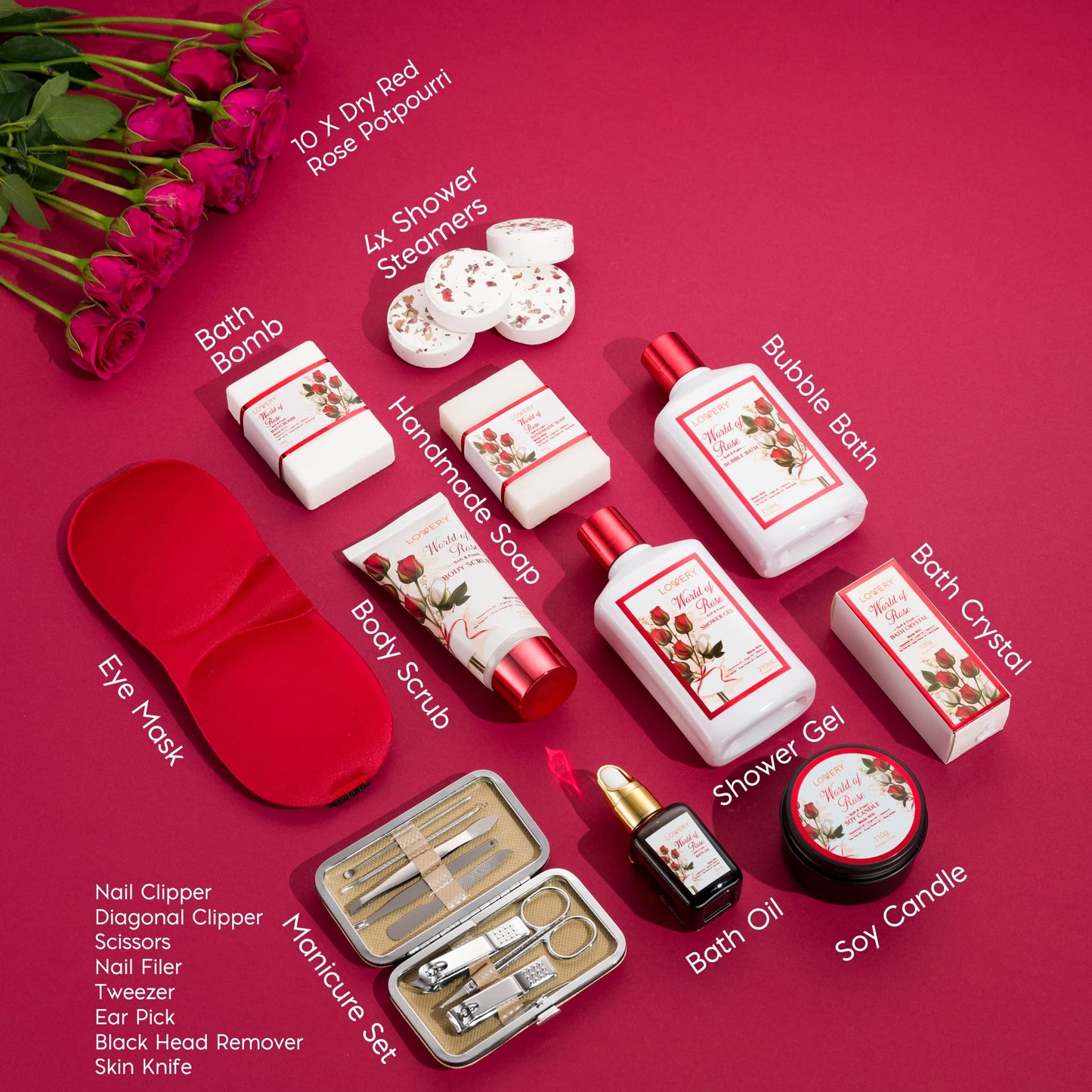 Valentines Day Gifts for Her, Red Rose Spa Gifts for Women, Bath and Body Gift Set, 35 Piece Stress Relief Spa Kit Gift Basket, Birthday, Mom, Nail Care Kit - Body Scrub, Bubble Bath, Bath Bomb & More