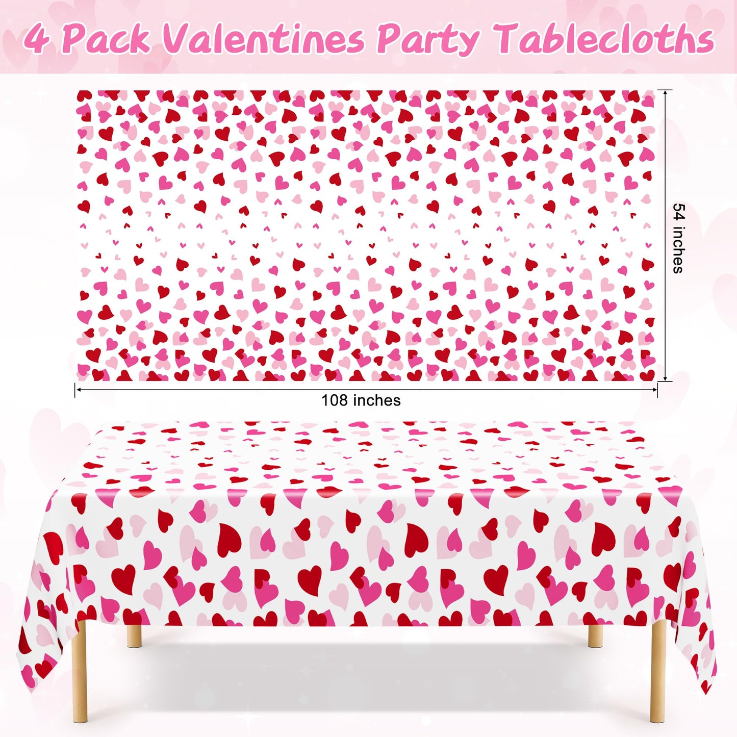 4 Pack Valentines Decorations, 108" X 54" Valentines Tablecloths, Heart-shaped Disposable Red Pink Tablecloths Love Plastic Table Cover, Galentines Decorations Party Supplies for Wedding Birthday