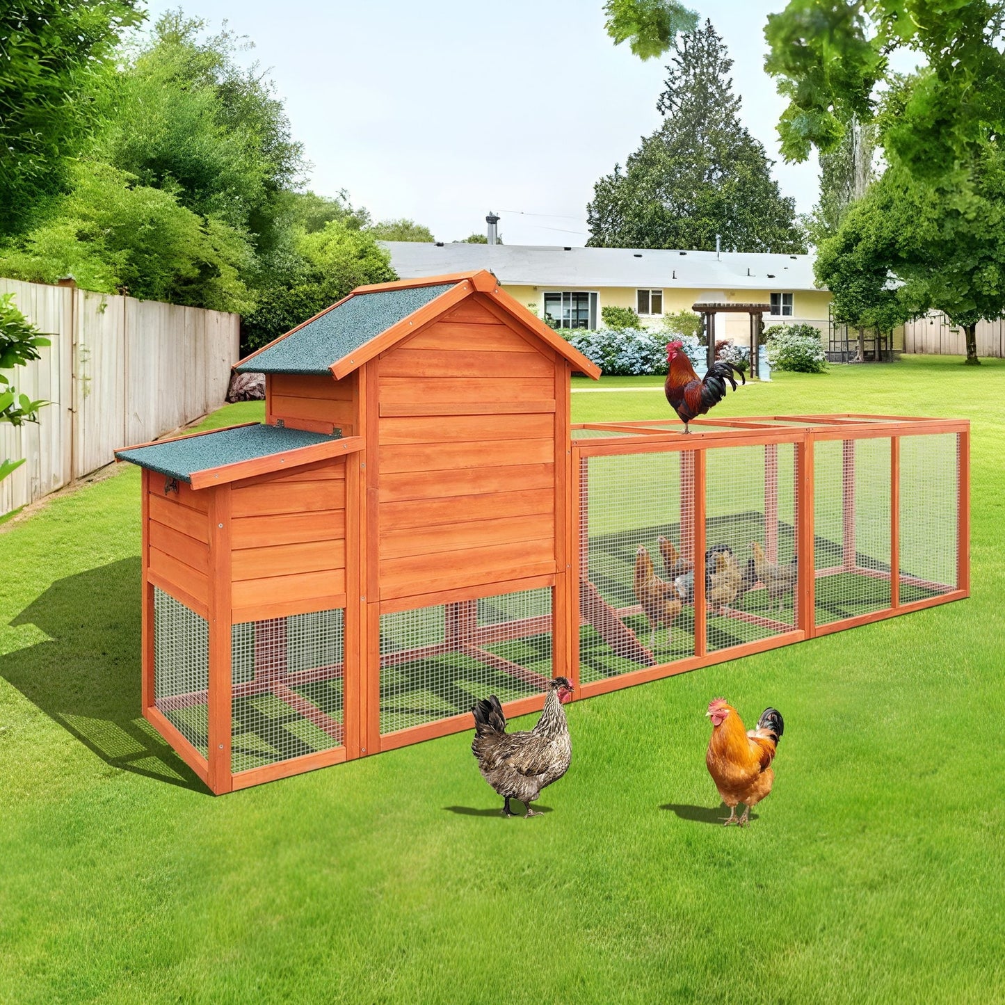122"Large Chicken Coop, Wooden Hen House with Run, Nesting Box, Sliding Door, Removable Tray, Weatherproof Poultry Cage for Backyard