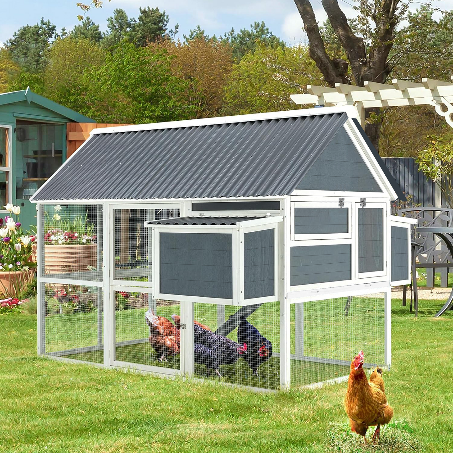 AECOJOY 84β Outdoor Chicken Coops for 10 Chickens Large Wooden Hen Chicken House, Walk in Chicken House with Run