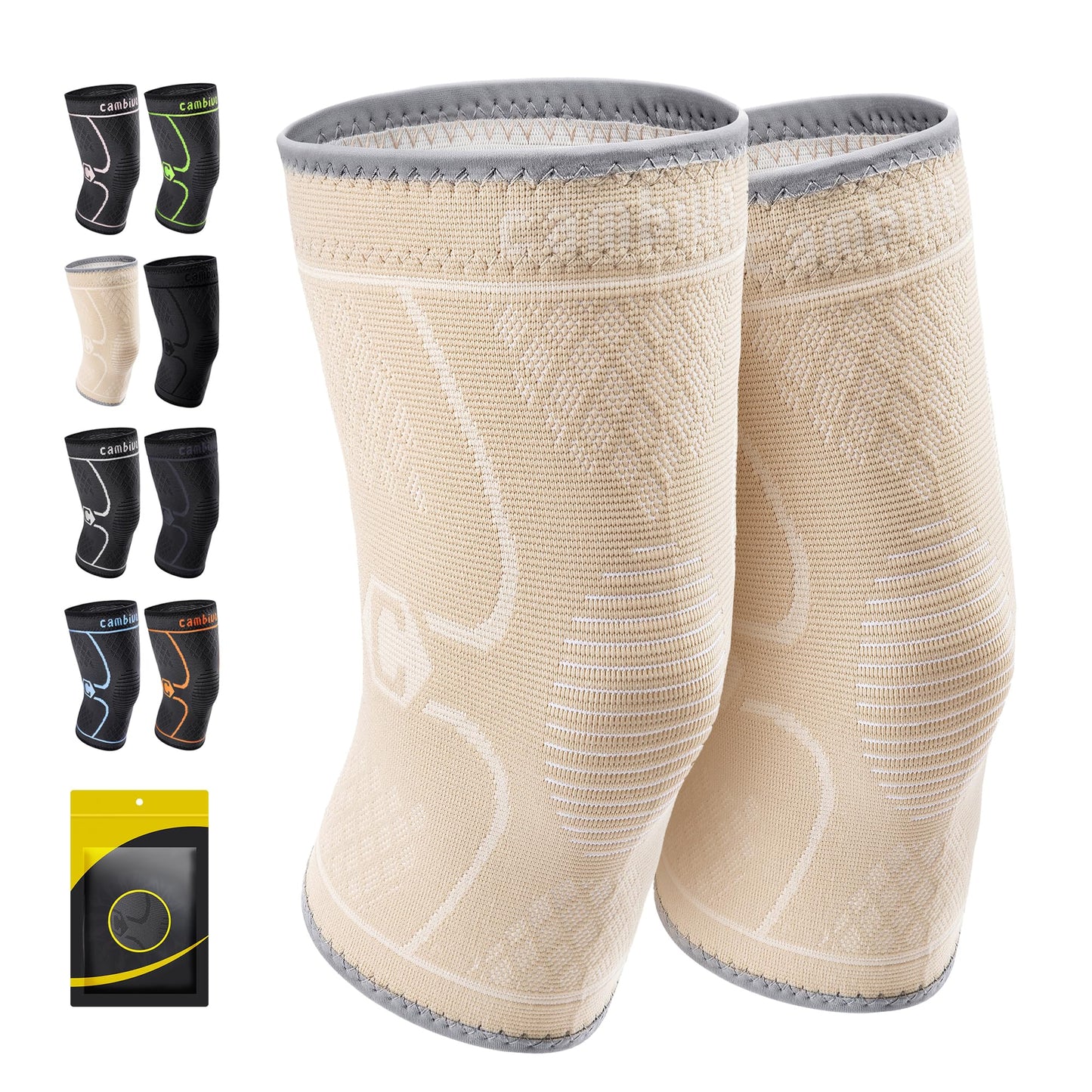 CAMBIVO 2 Pack Knee Brace, Knee Compression Sleeve for Men and Women, Knee Support for Running, Workout, Gym, Hiking, Sports (Beige,Medium)