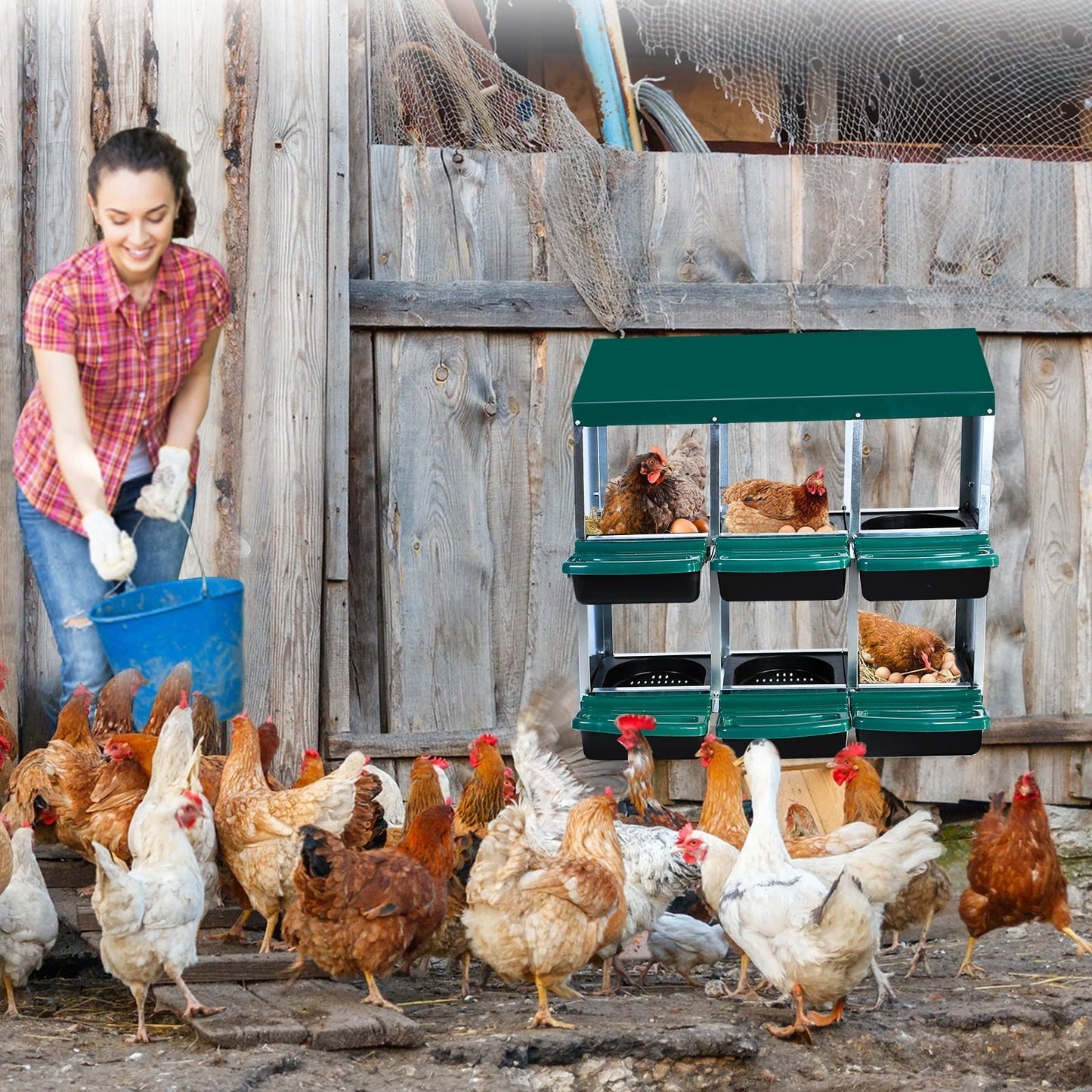 Pinypikaka Chicken Nesting Box, 6 Compartments Nesting Boxes for Chickens, Chicken Laying Boxes, Roll Away Nesting Box for Chickens Laying Egg with Lid Cover