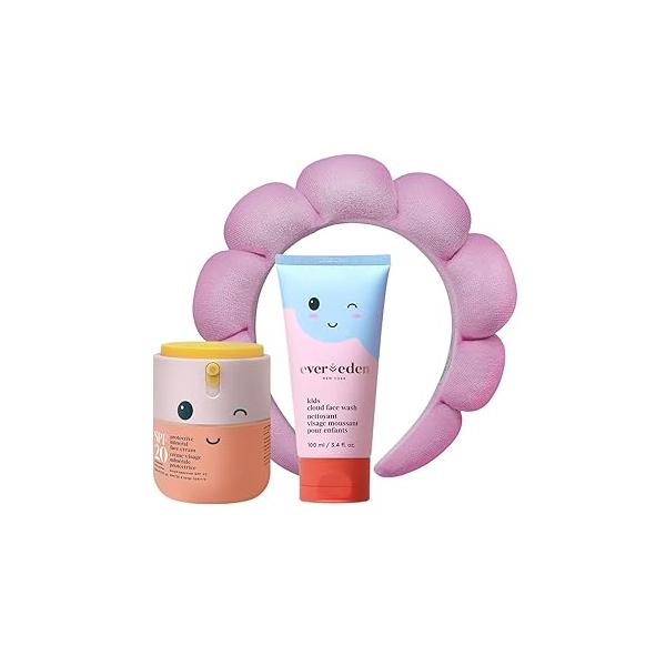 Happy Morning DUO Kids Spa Headband for Girls: Clean & Vegan Skin Care Bundle | Cloud Face Wash + SPF 20 Mineral Cream Non-Toxic Easy-to-Use Skincare