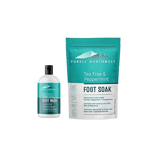 PURELY NORTHWEST Tea Tree Oil & Peppermint Foot Soak with Epsom Salt Bundled Peppe-for Stubborn Odor, Athletes Foot, Burning Itching, Damaged Discolored Nails