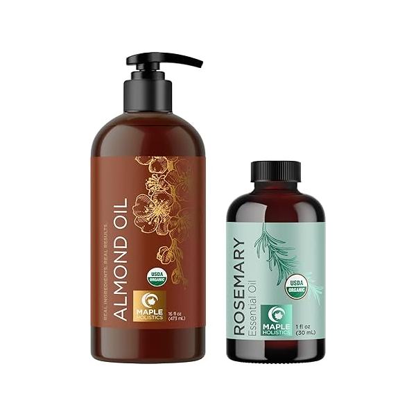 Certified Organic Hair Treatment Oils - Sweet Almond Oil Plus Rosemary for Growth and Skin Care Dry Damaged plus Scalp