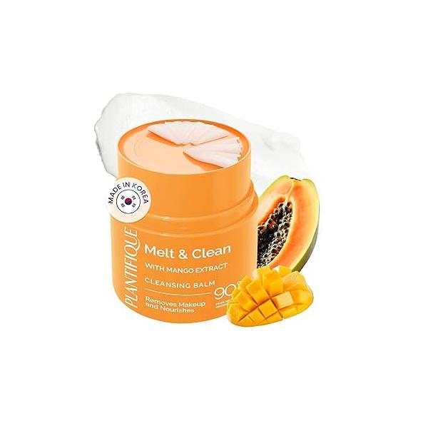 PLANTIFIQUE Korean Cleansing Balm Makeup Remover with Mango & Papaya Extracts, Hyaluronic Acid and Ceramide - Nourishing Melting Cleanser for All Skin Types 1.41 oz / 40 g