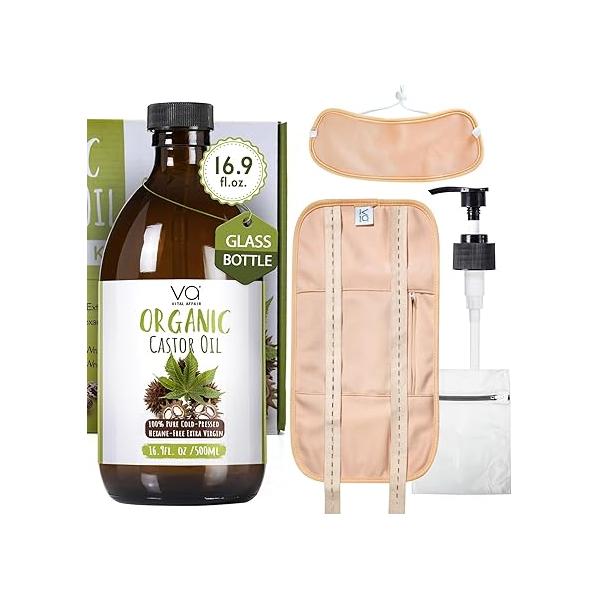 Pure Castor Oil Organic Cold Pressed Unrefined Glass Bottle-Castor Wrap with 100% Cotton Flannel-Organic Pack Wrap-Waist & Neck Packs -Castor Hexane Free.
