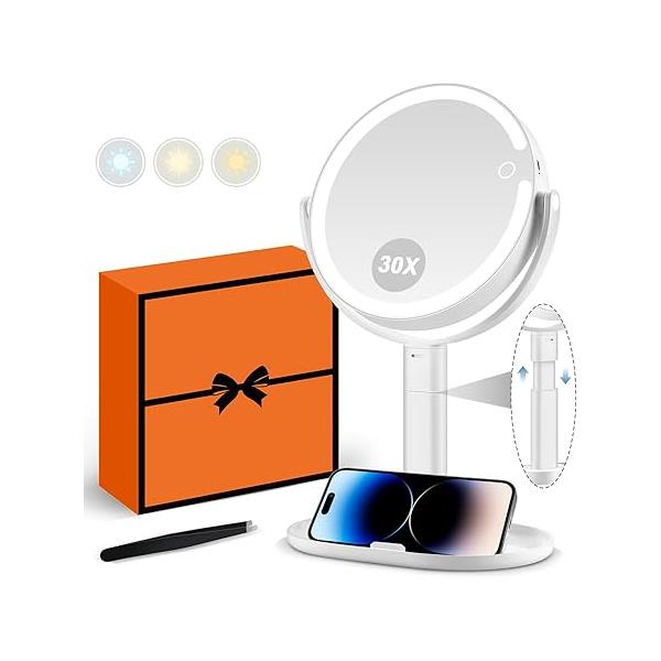 MIYADIVA Makeup Mirror with Lights, 30X Magnifying Light and Touch Switch, Vanity 3 Color 80 LEDs, Height Adjustable Desk Light, Black