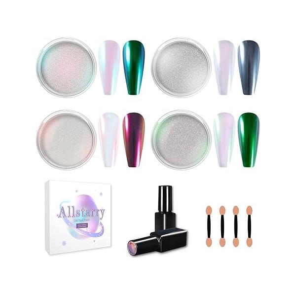 Allstarry Chrome Nail Powder Kit, 4x7ml Black White Gel Polish Top and Base Coat Set, 4 Colors Aurora Chameleon Metallic Mirror Effect Mermaid Pigment Glitter Dust for Art Decoration