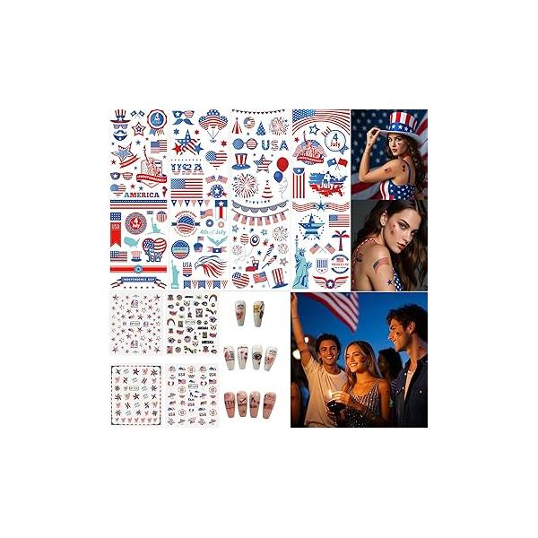 XMASIR 116 Pcs 4th of July Stickers, Glow in the Dark Independence Day Temporary Tattoos with 4 Sheets American Flag Nail Stickers 3D Decals for Memorial Accessories (multicolour)