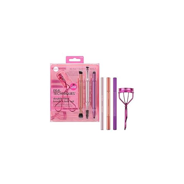 Real Techniques Double Time Brush + Lash 4 Piece Set, Dual-Ended Eye Makeup Brushes For Eyeshadow & Brows, Travel-Friendly Caps Storage, Eyelash Curler Included, Cruelty-Free