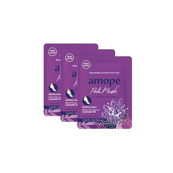 Amopé PediMask 20-Minute Foot Mask, Intensely Moisturizing Socks, Rejuvenates & Soothes, Self-Care, w/ Lavender Oil, Urea, a Blend of Moisturizers Vitamin Complex for Long Lasting Hydration, 3 pair