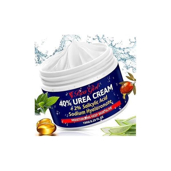 Urea Cream 40 Percent for Feet,Foot & Hand Maximum Strength with 2% Salicylic Acid,Hyaluronic Acid, Dry Cracked Heels Feet Knees Elbows Hands-5.29 Fl.oz