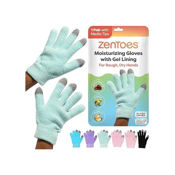 ZenToes Moisturizing Gloves for Dry Hands and Eczema, Gel Infused with Jojoba Seed Oil, Olive Oil Vitamin E, Overnight Hand Moisturizer (OSFM, Fuzzy Mint Green Media Tips)