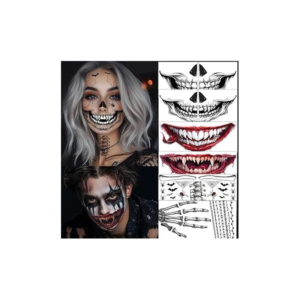 8Pcs Skeleton Face Tattoo Halloween Accessories,Halloween Tattoos Ghost Temporary Tattoo,Halloween Make Up Stickers Zombie Makeup Kit (A-8 skeleton face tattoo)
