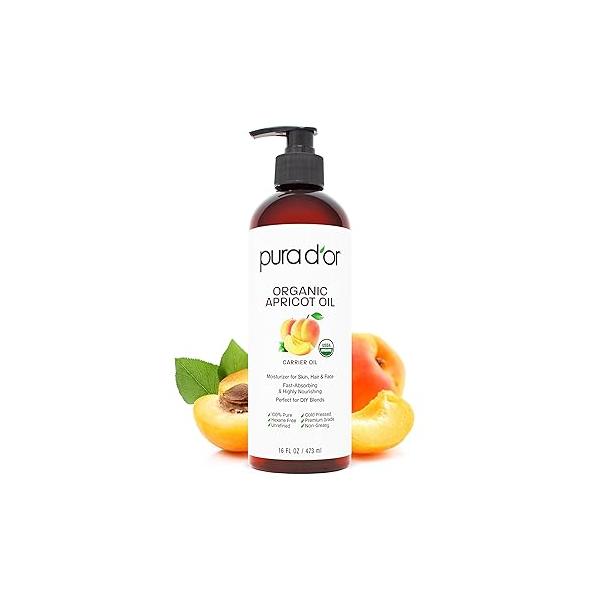 PURA D'OR 16 Oz ORGANIC Apricot Kernel Oil - 100% Pure & Natural USDA Certified Cold Pressed Carrier Antioxidant Vitamin E Rich Moisturizer for Glow Softness Face, Skin Hair