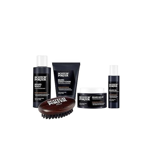 Scotch Porter Beard Care Kit - Cleanse, Moisturize, Soothe & Style Coarse, Dry Hair while Encouraging Growth for a Fuller/Healthier-Looking Includes Wash, Conditioner, Oil, Balm Brush