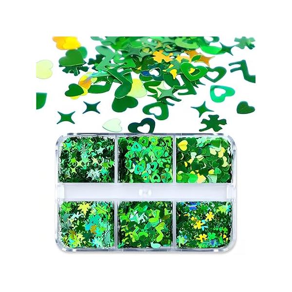 St. Patrick's Day Nail Glitter for St Patricks Decorations- Lucky Green Gold Sequins Polish with Shamrock & Designs Art Body Makeup