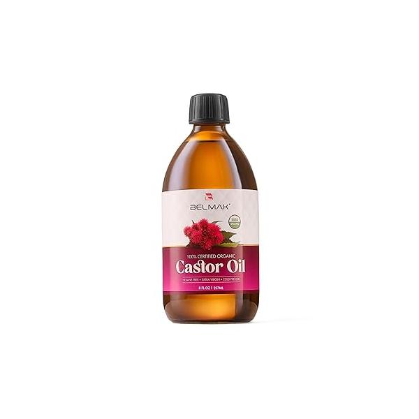Organic Castor Oil Cold Pressed Unrefined (Glass Bottle 8 Oz) USDA Certified Organic, Aceite de Ricino 100% Pure y Natural, Hexane Free, for Hair Growth, Thicker Fuller Eyelashes & Eyebrows